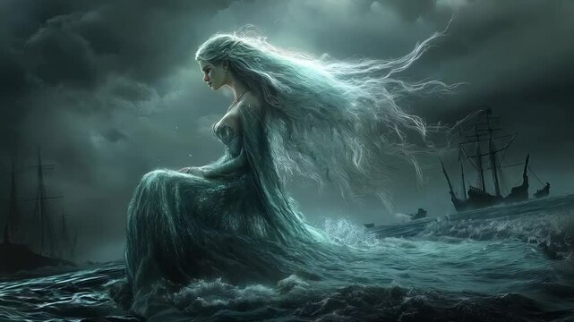 Mesmerizing sea siren with glowing blue eyes and flowing aquatic hair sits on a rocky shore, her enchanted dress shimmering with ocean magic.