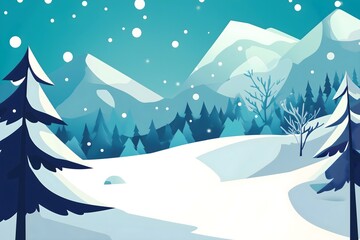 Serene and picturesque winter scene with snow-capped mountain range, frosty pine trees, and heavy snowfall creating a peaceful holiday background