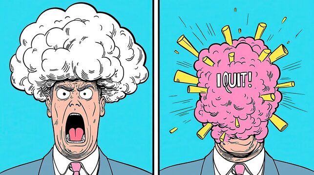 Pop-Art Split-Panel Explosion, featuring a smug employee, an angry boss, and bold I QUIT! text at the center, vibrant colors, dynamic expressions, dramatic contrast.