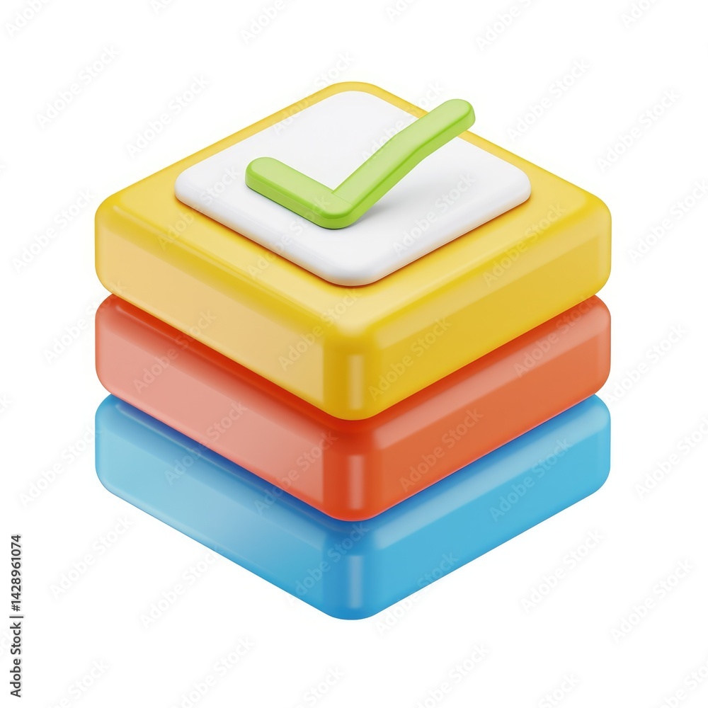 Poster colorful stack of cubes with a checkmark, signifying completion.