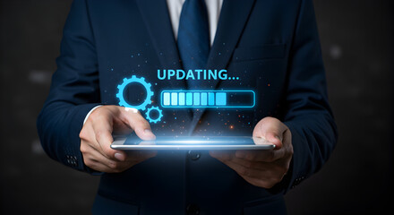 Man in Blue Suit Holding Digital Tablet with Updating Bar Progress on Lighted Surface