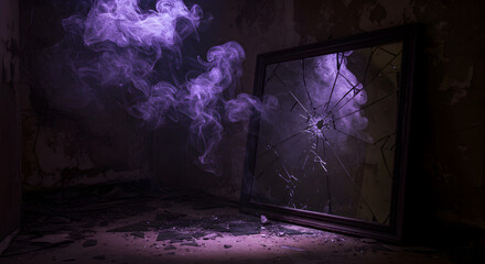 Distorted Reflections Purple Haze Enveloping Shattered Mirror In Abandoned Room