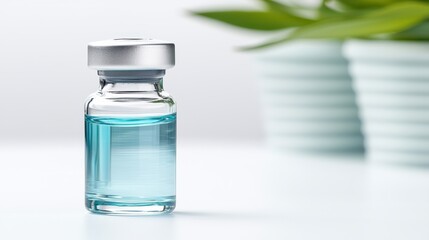 A clear glass vial containing blue liquid, featuring a metallic cap, set against a blurred background of green leaves and white containers.