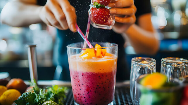 Person preparing a colorful smoothie with fruit topping at a bar.