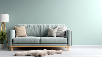 Elegant green sofa complements the fresh green wall, adorned with soft pillows and a cozy rug, creating a serene living space