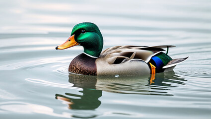 Majestic mallard duck floating serene on water detailed plumage reflection
