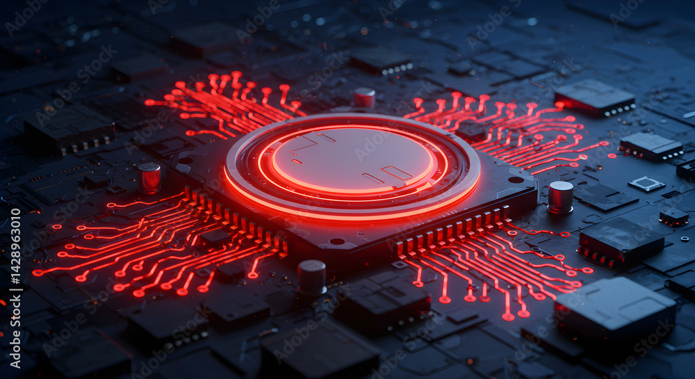 Poster illuminated central processing unit on a dark circuit board in red and black