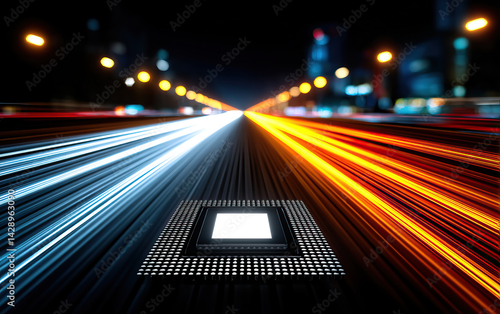 Poster high speed light trails converge towards central processor, symbolizing advanced technology and inno