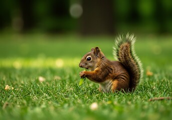 緑の芝生で葉を食べる可愛いリス 柔らかな光と自然な構図