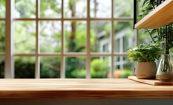 Fototapeta Empty wooden surface,  window view