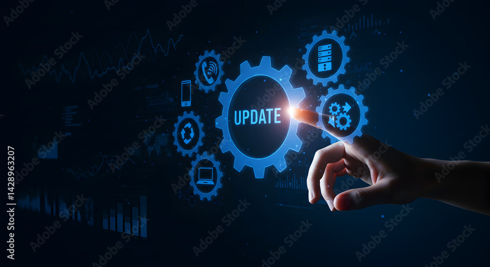 Poster human hand touching digital update button on blue screen with abstract graphs