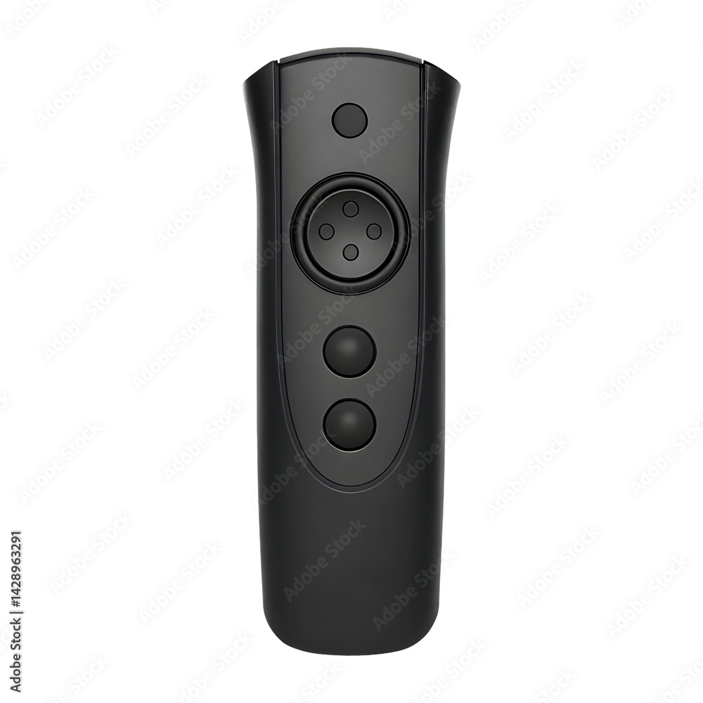 Poster black remote control with buttons and circular element.