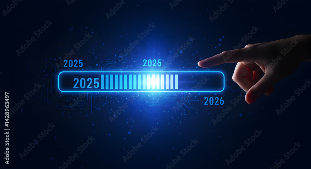 Poster human finger interacting with futuristic loading bar displaying 2025 and 2026 on dark blue backdrop