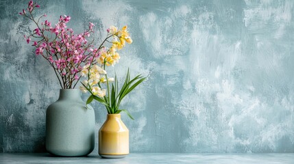 Fototapeta premium Minimal floral arrangement with neutral ceramic vases