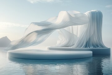 Minimalist stage design with floating white cloth above water, geometric shapes, and blue-green color scheme. Digital art with subtle gradients and flowing fabric.