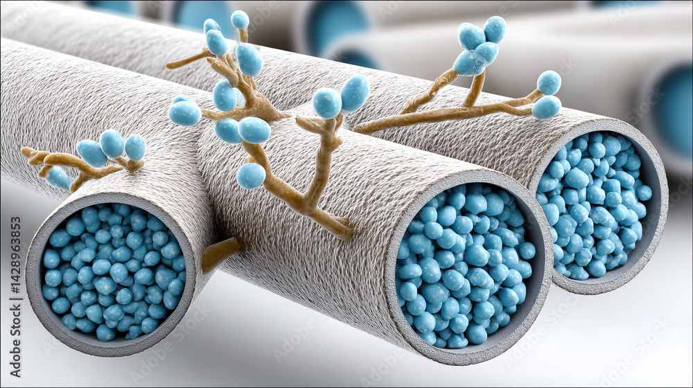 Poster microorganisms interacting with vessel structures, showcasing intricate details and vibrant colors. 