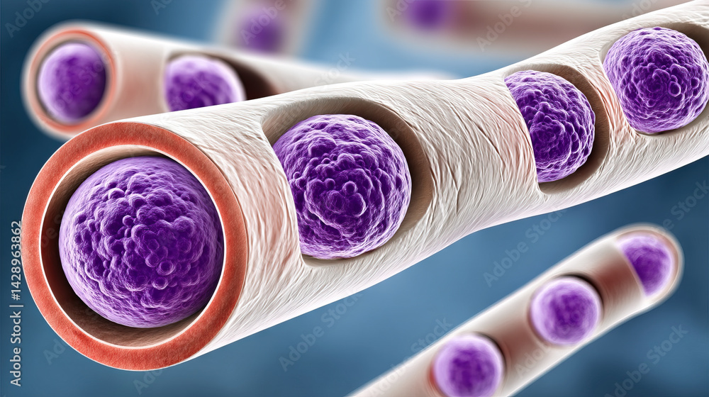 Poster glucose particles adhering to vessel lining, showcasing cellular interaction and structure in detail
