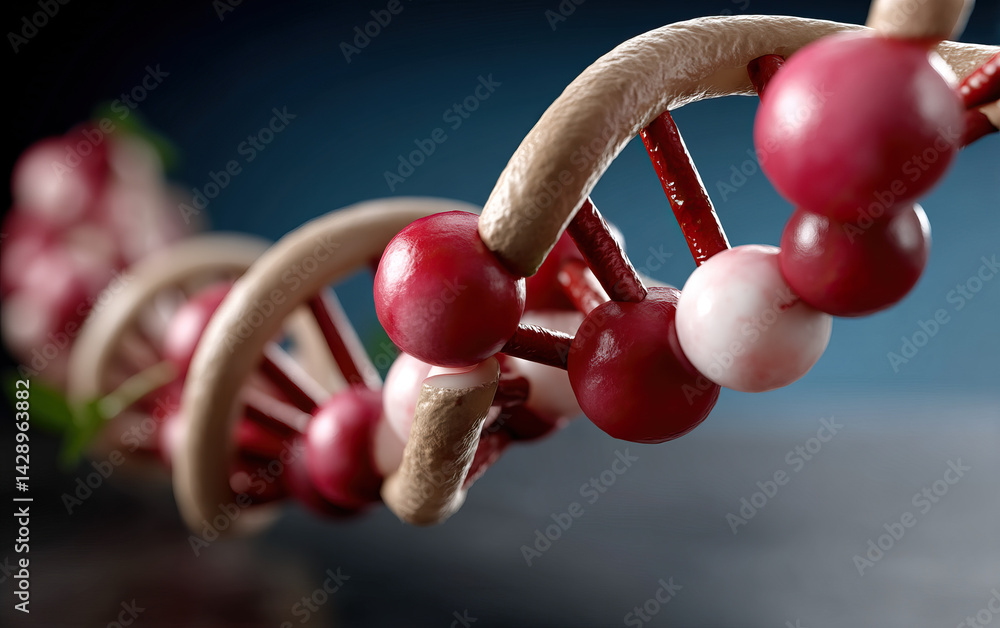 Poster dna model with red and white spheres representing nucleotides, showcasing double helix structure. th