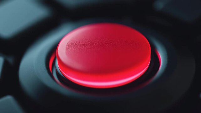Close-up of a Finger Pressing a Glowing Red Button on a Dark Control Panel Evoking Anticipation and Modern Technology