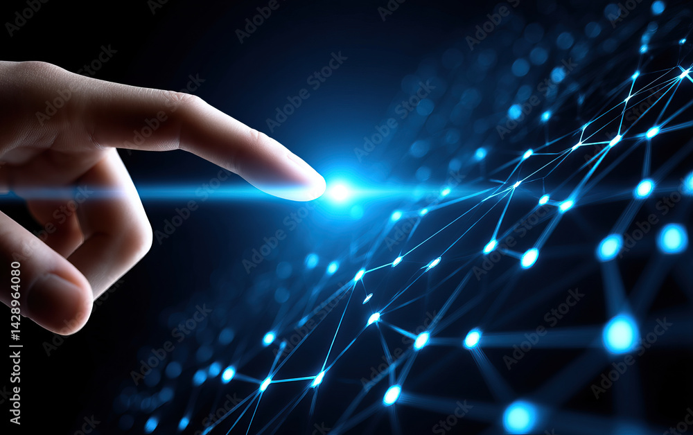 Poster hand interacts with glowing network of interconnected nodes, symbolizing technology and innovation. 
