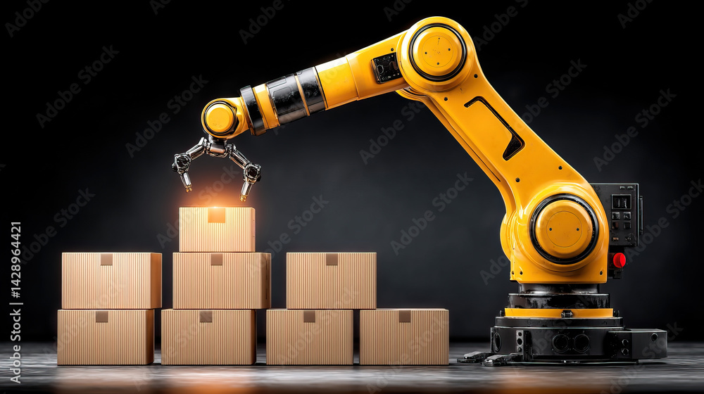 Poster robotic arm lifting cardboard boxes in warehouse setting, showcasing automation and efficiency in in