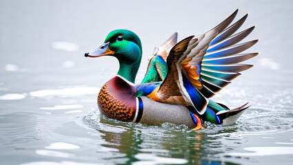 Mallard duck displaying colorful plumage swimming gracefully on water surface