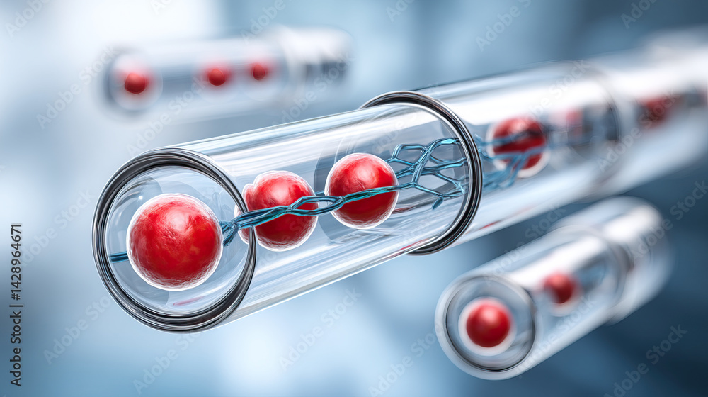 Poster symbolic rendering of vessel like tube with red spheres inside, representing scientific concepts and