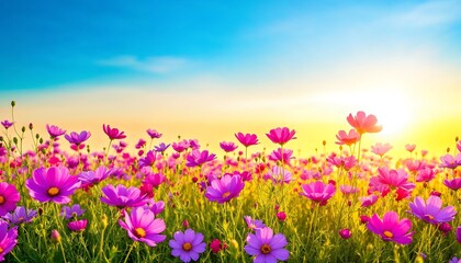 Obraz premium Blooming Cosmos Field at Sunrise with Bright Sky and Warm Glow