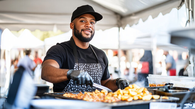 A photo of a local chef preparing potato dishes during a cooking competition under a white tent in the afternoon