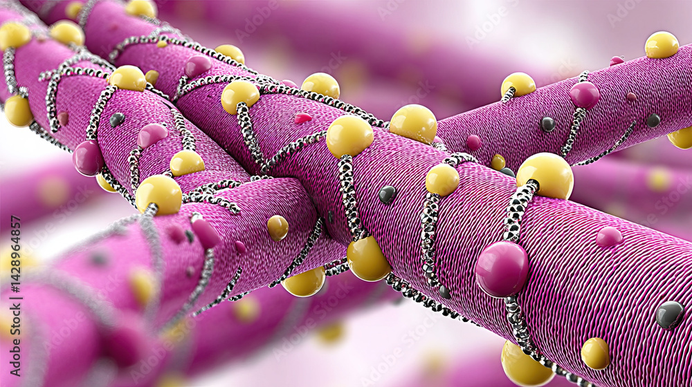 Poster this depicts close up view of intertwined molecular structures, showcasing vibrant colors and intric