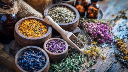 Various herbs and colorful flowers in wooden bowls