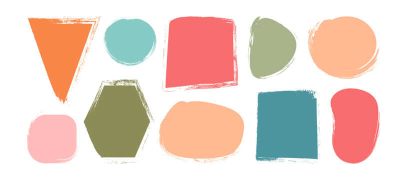 Text box crayon, shape frame, kid paint brush round border, colorful rough chalk sticker, cute charcoal note isolated on white background. Cartoon speech label set. Childish vector illustration