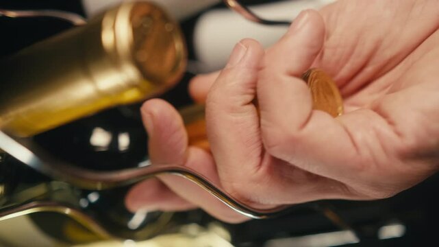 Storing bottles of wine in fridge, white and red wines in cooler. Alcoholic card in restaurant or at home storage, shop supermarket. Cooling and preserving wine and cava champagne..