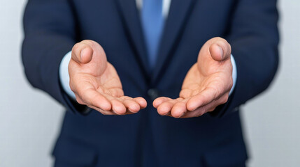 Businessman confidently presenting with open hands, inviting engagement and collaboration