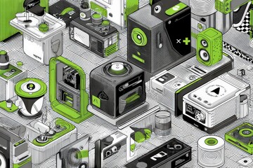 Obraz premium Colorful Illustration of Retro Electronics in a Vibrant Setting