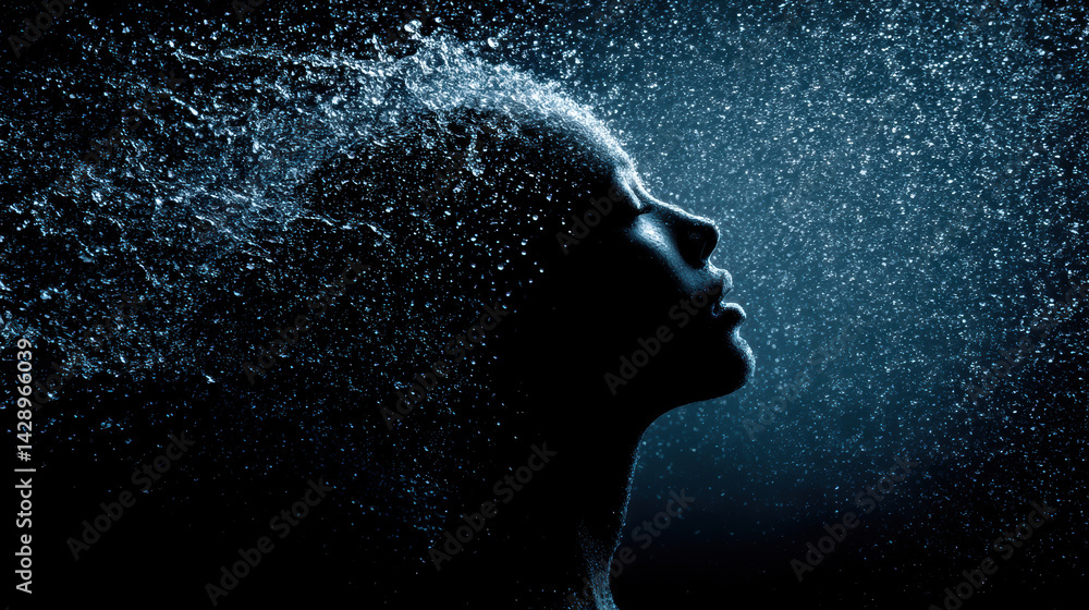 Poster silhouette of person with water splashes creating dynamic and artistic effect, evoking sense of move
