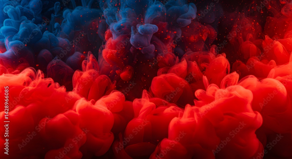 Poster ai image displays a dramatic abstract explosion of red and blue ink clouds colliding and mixing in f