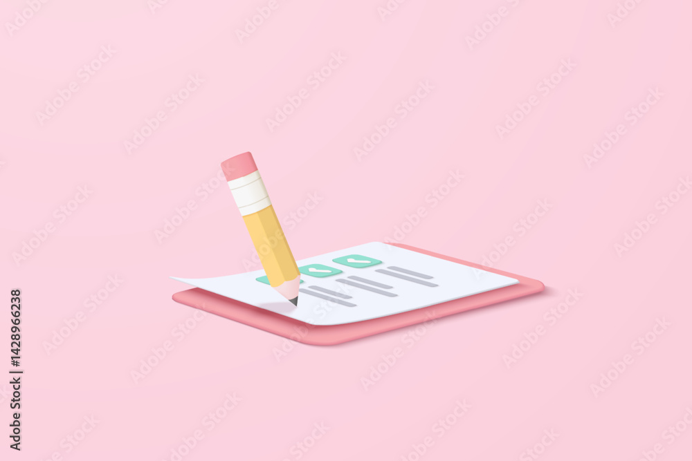 Aufkleber 3d white clipboard task management todo check list with pencil, efficient work on project plan, fast