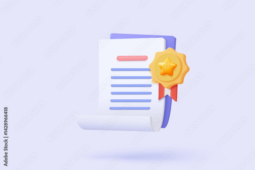 Poster 3d certificate or diploma icon with stamp and ribbon bow isolated background. white clipboard task m
