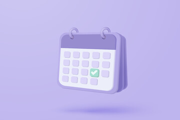 3d calendar marked date for important day in purple background. Calendar with mark for schedule appointment, event day, holiday planning concept 3d vector render isolated pastel background