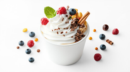 Delicious frozen yogurt with toppings on transparent background