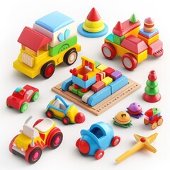 Colorful assortment of children's toy vehicles and building blocks.