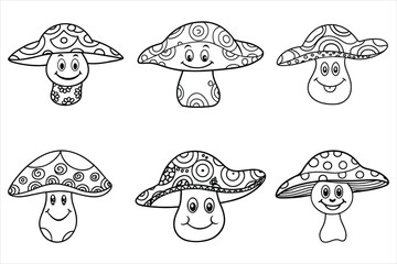 Hippie mushroom with a smiling face and paisley hat in linear doodle style