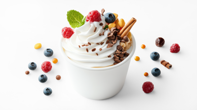 Delicious frozen yogurt with toppings on transparent background