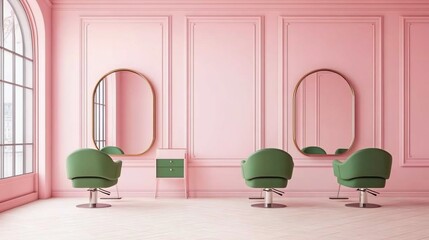 Pink salon interior with green chairs and mirrors