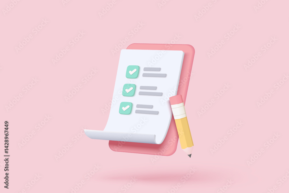 Aufkleber 3d white clipboard task management todo check list with pencil, efficient work on project plan, fast