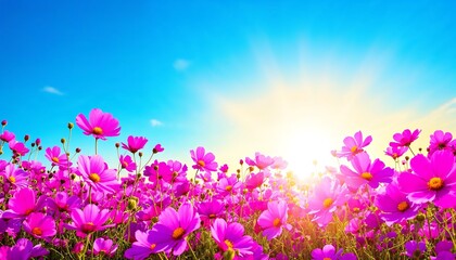 Obraz premium Blooming Pink Cosmos Flowers Under a Bright Summer Sun in Meadow
