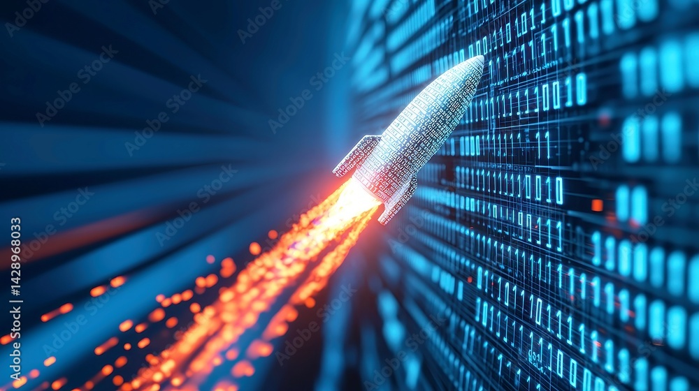 Poster surreal rocket of numbers and code soaring through an expansive realm of analytics dashboards and in