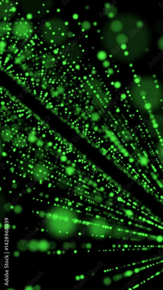 Poster green digital particles shooting toward the viewer, forming a starburst effect in a matrix-inspired 