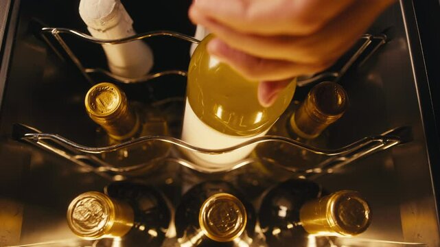 Storing bottles of wine in fridge, white and red wines in cooler. Alcoholic card in restaurant or at home storage, shop supermarket. Cooling and preserving wine and cava champagne..